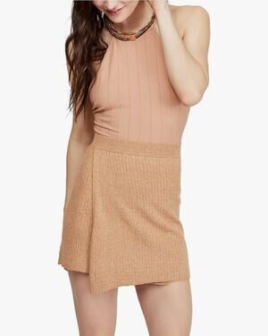 Free People Mod Wrap Mini Skirt Faux Wrap Ribbed Knit Sweater Pull On Tan XS